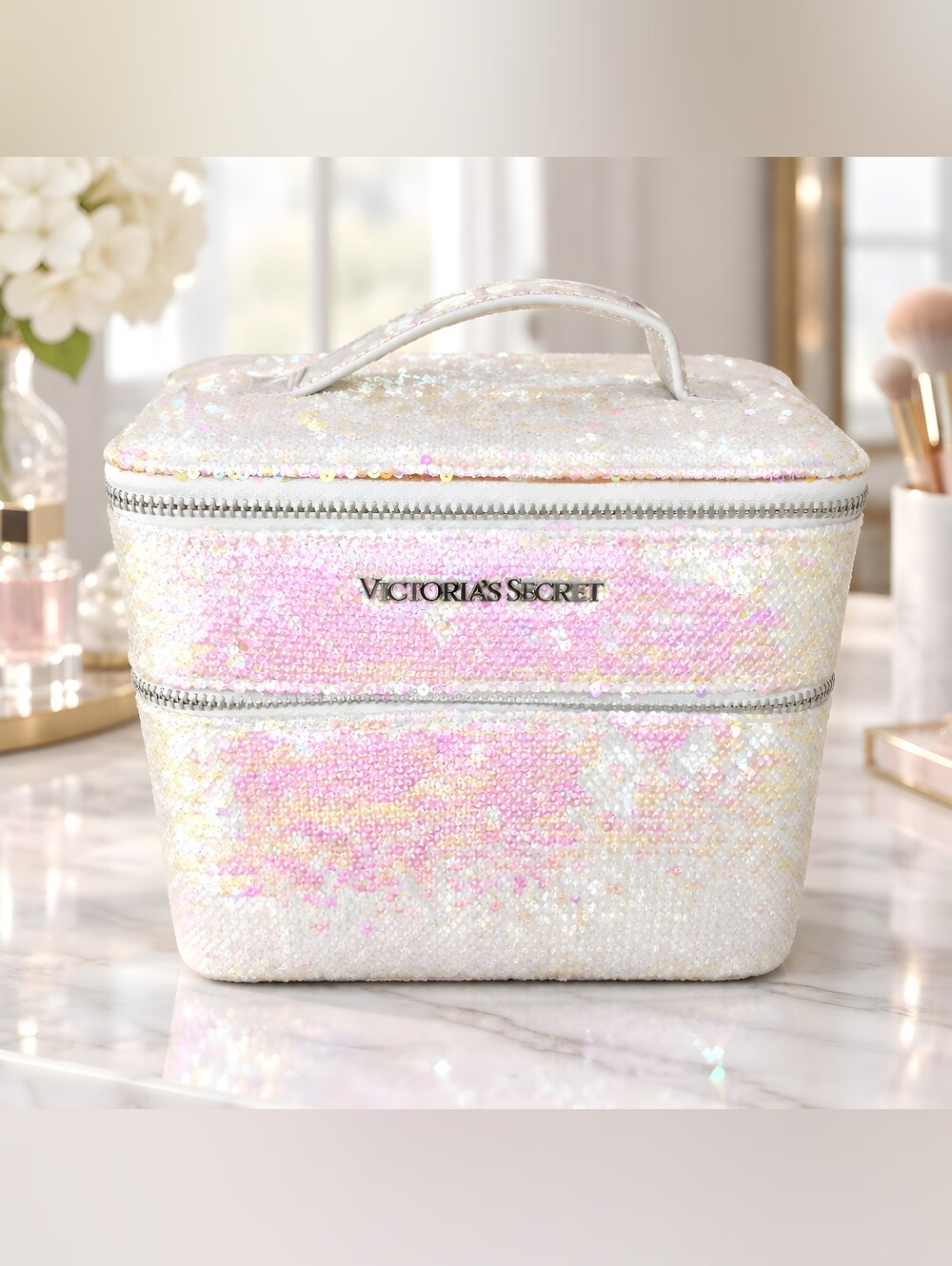 Victoria's Secret Iridescent Sequin Pink and White Double Train Case